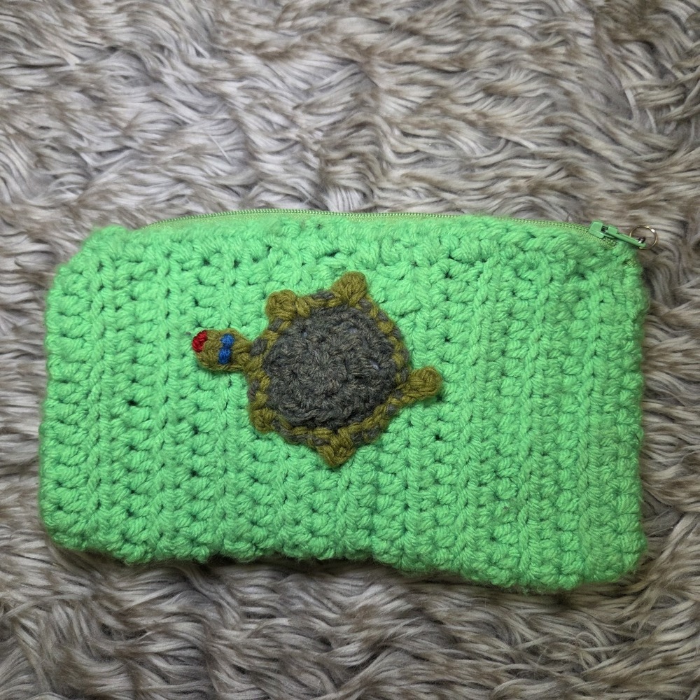 Handmade Crochet Turtle Zipper Pouch Green Knit Coin Purse Boho Cosmetic Bag‎